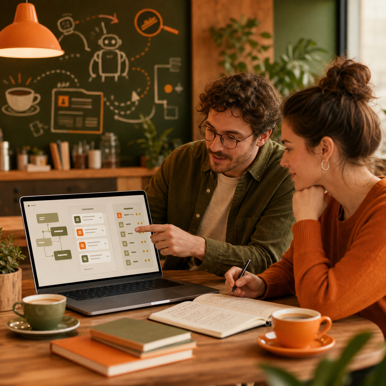 Job-Jäger-Studio mit Laptop und sortierten Suchkarten